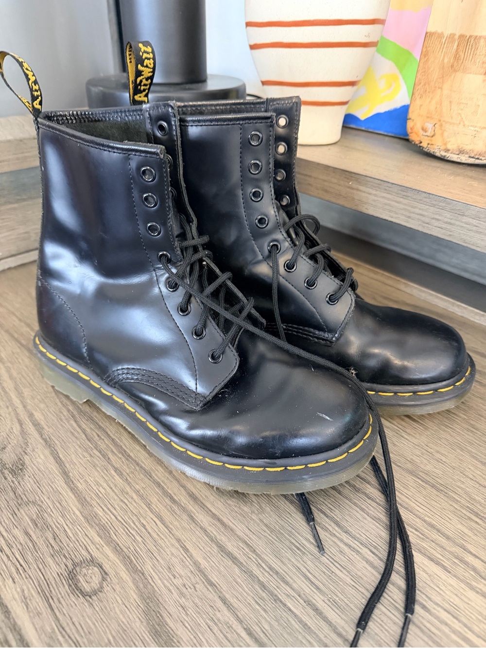 Dr. Martens Black Leather 8-Eye Lace-Up Boots with Yellow Stitching